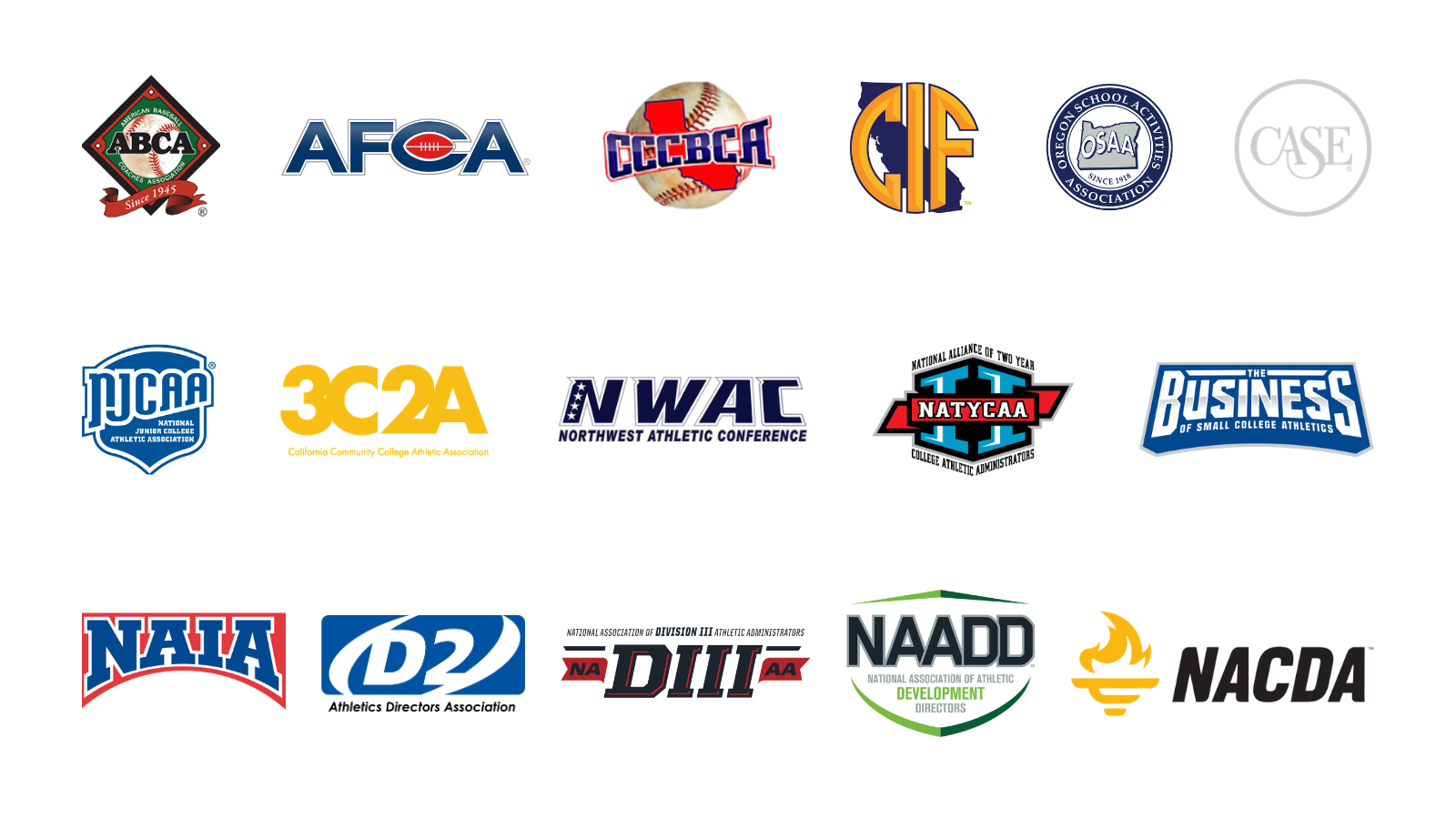 NJCAA, D2, DIII, CCCAA, NSIC, NWAC, NAIA, NATYCAA